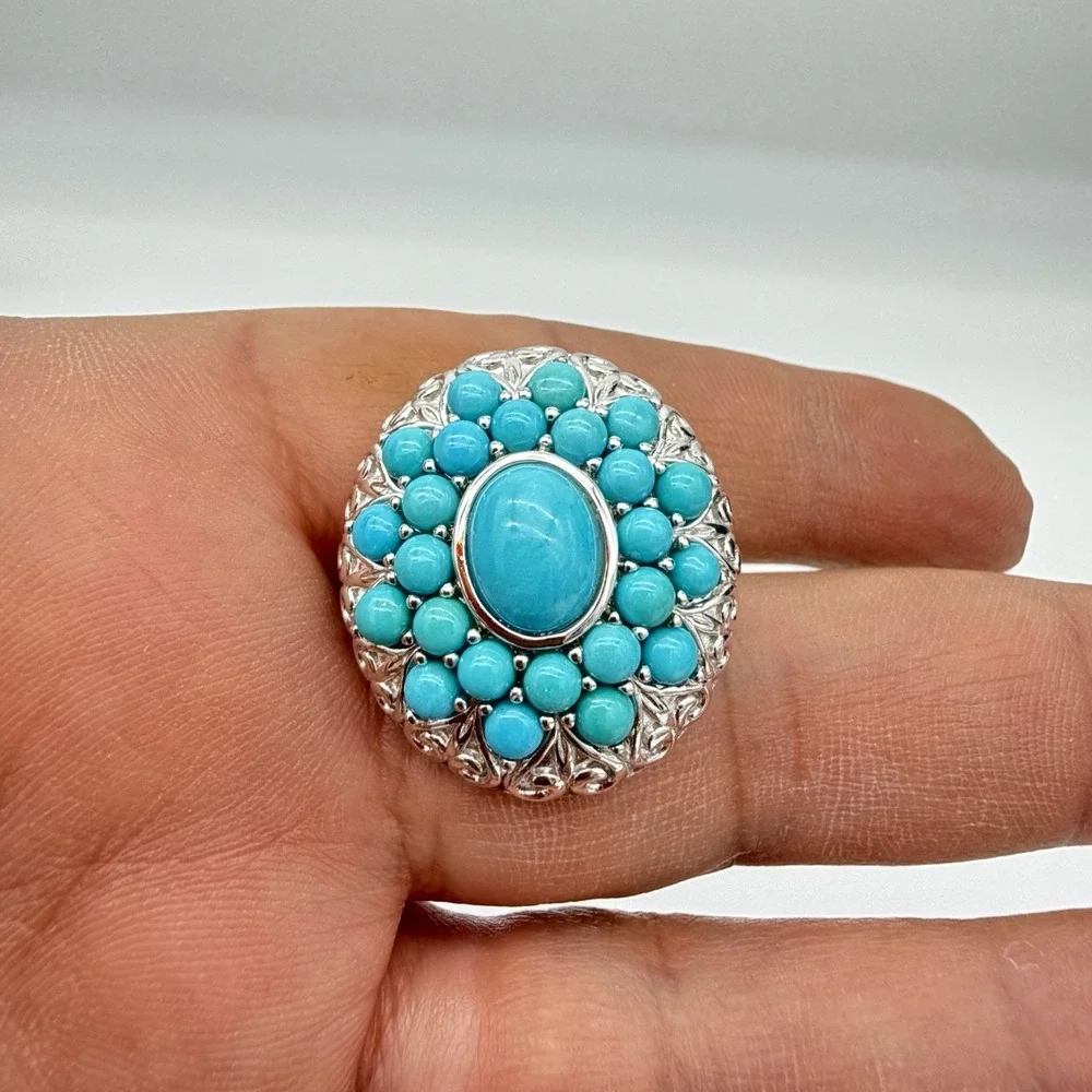Vtg Sterling Silver Turquoise Cluster Ring QVC Affinity Statement Heavy Sz7